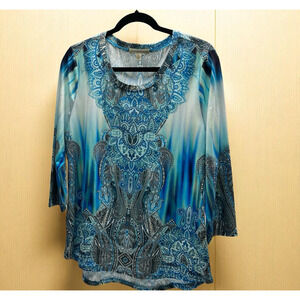 Farmers Market Bohemian 3/4 Sleeve Blue Paisley Studded Top Women's Size Large